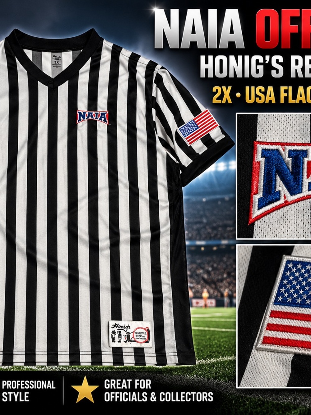 Honig’s NAIA Referee Jersey 2X Black White Striped USA Flag Football Official